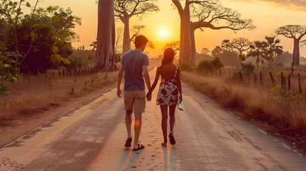Zelfklevend Fotobehang Young couple traveling and walking in Madagascar. Road with baobab alley in background. Man and woman view from behind. Sunset summer background © PSCL RDL