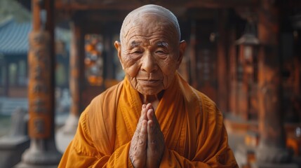 Old Buddhist monk man in orange Kasaya robe. Buddhism religion. Senior person pray in temple. Calm and peace. Asian spiritual life. Asia culture harmony. Male monastery.