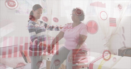 Image of covid 19 cells and data recording over senior woman exercising with female therapist