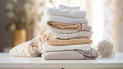 A stack of Clean, freshly laundered, neatly folded Cotton clothes, muslin changing blankets, Diapers, Towels, Baby Clothes on the table in the living room. - obrazy, fototapety, plakaty