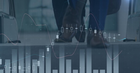 Image of financial data processing over business people using escalator in office
