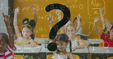 Image of question mark and mathematical formulas over children in classroom