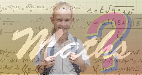 Maths text banner and equations over caucasian school girl against gradient background