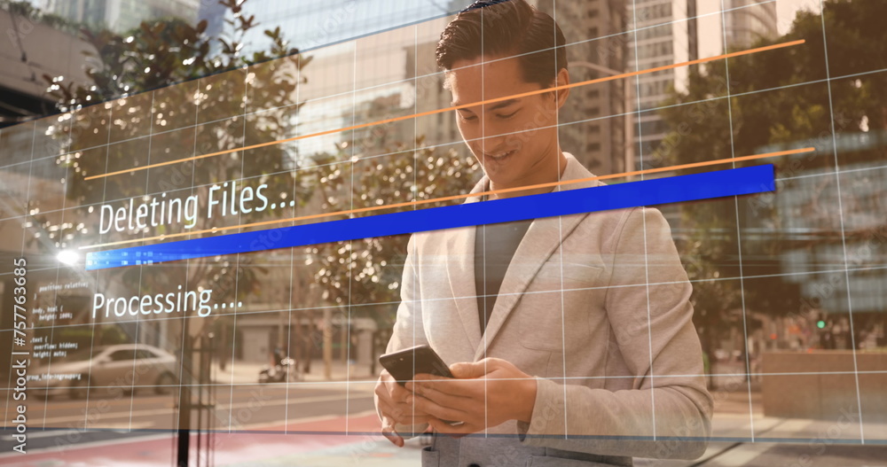 Poster image of data processing over biracial businessman using smartphone
