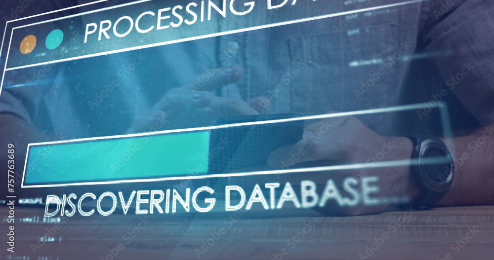 Poster image of data processing over caucasian businessman using smartphone
