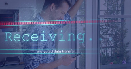 Image of data processing over caucasian businessman using smartphone