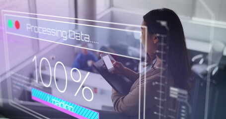 Image of data processing over biracial businesswoman using smartphone