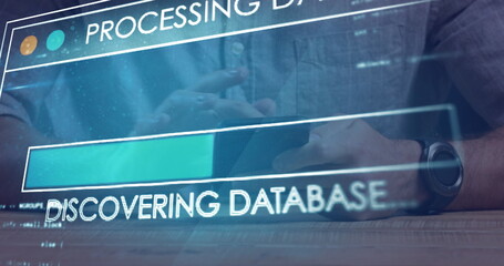 Image of data processing over caucasian businessman using smartphone