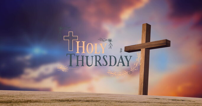 Fototapeta Image of cross and clouds at easter over holy thursday text