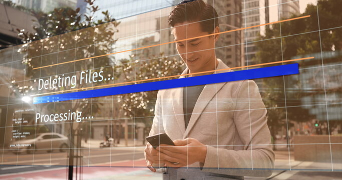 Image of data processing over biracial businessman using smartphone - Powered by Adobe