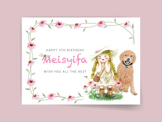 cute cartoon girl watercolor birthday invitation card