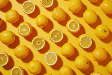 Foto op Plexiglas Pattern of Lemons on Yellow Background with Half of Lemons Cut in Half © SHOTPRIME STUDIO