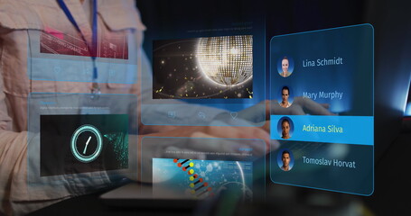 Image of social media posts and people profiles over hands typing on keyword