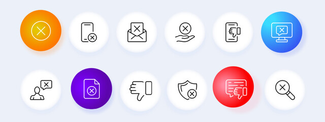 Cancel icon set. Cross, smartphone, mail, message, monitor, button, file, shield, thumbs down. Neomorphism style. Vector line icon for business and advertising