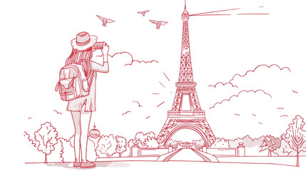 Fototapeta na wymiar Tourist girl taking photo of Eiffel tower in Paris