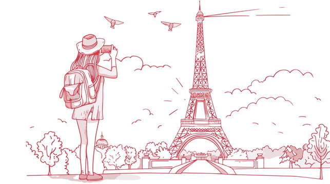 Tourist girl taking photo of Eiffel tower in Paris