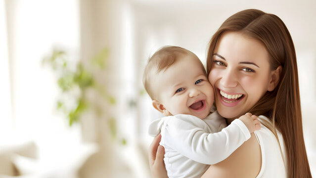Mother holding her baby and hugging. Happy family and Mother's Day concept with copy space background.