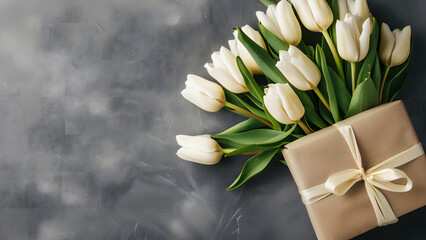 White tulips with a gift box and copy space on the left. Mother's Day, birthday, wedding, and anniversary background.