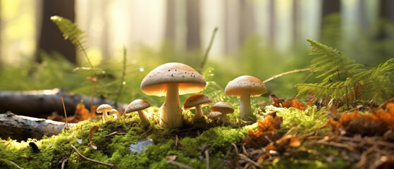 Fresh healthy mushroom in green sunny coniferous forest - obrazy, fototapety, plakaty