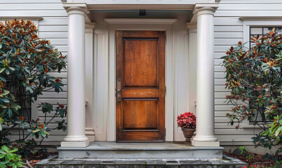 The focal point of the house's exterior is the wooden front door set within a gabled porch and landing at the main entrance.