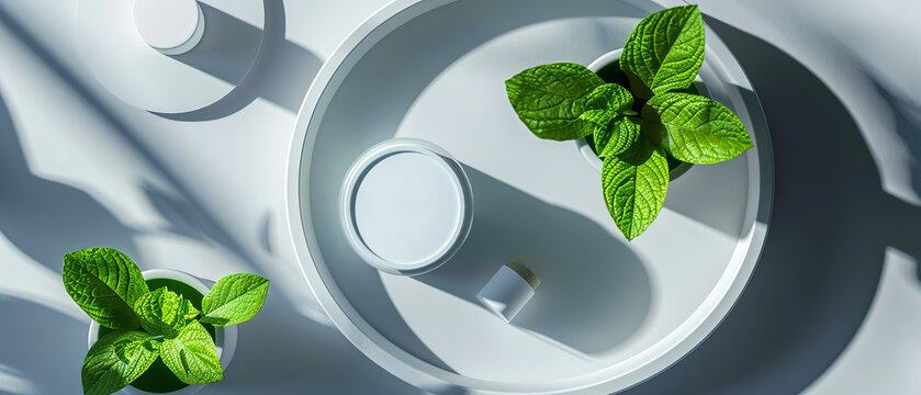 Top view of a white tray with three potted plants and a cup of green tea