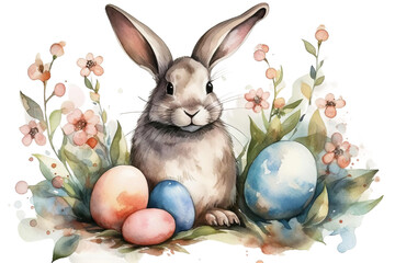 bunny VECTOR illustration eggs easter watercolor - obrazy, fototapety, plakaty