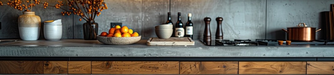 Kitchen benchtop detail. concrete benchtop and timber drawers