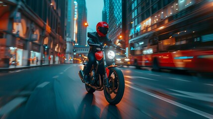 Red motorcycle roaring through urban streets - obrazy, fototapety, plakaty