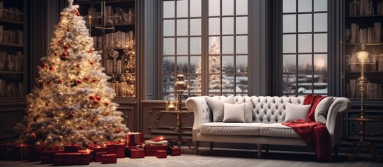 A cozy living room in a condominium decorated for Christmas with a wooden couch, a beautifully adorned Christmas tree, and a flowerpot on the table