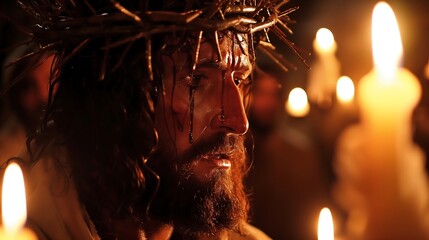 Jesus with crown of thorns in church - obrazy, fototapety, plakaty