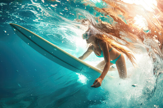 Young woman in bikini, surfer with surf board dive underwater with fun under big ocean wave