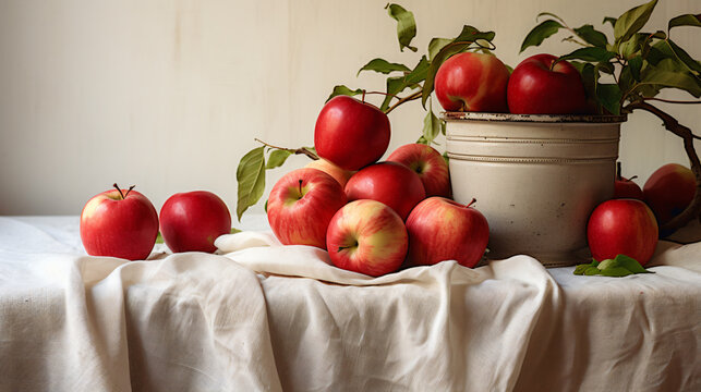 Fresh red apples on the white painted table. ..  1