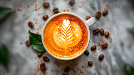 Coffee cup with latte art on wooden table background. - obrazy, fototapety, plakaty