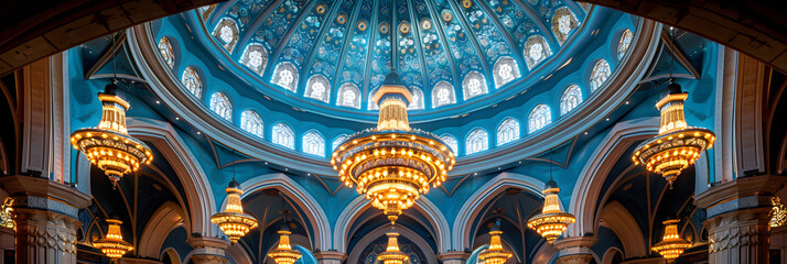  Chandelier in Qaboos Grand Mosque ,
Green and Gold Building With a Grand Entrance Doorway Ramadan
