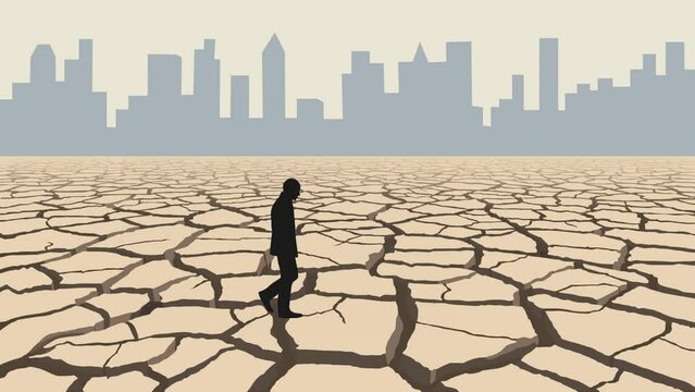 Animation with cityscape and man walking on the cracking dry earth (seamless loop)