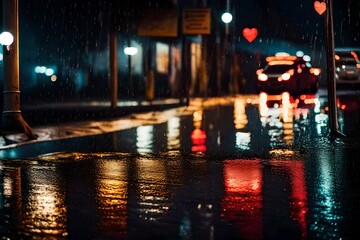 A heart-shaped reflection on a rain-soaked city street, created by the glow of streetlights on the wet pavement