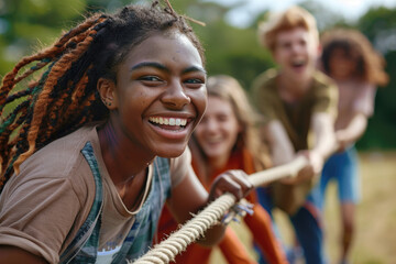 young people playing tug of war in the park. A multiracial group of people are having fun outdoors, happily laughing and cheerful while hanging out together on summer vacation at the playground - obrazy, fototapety, plakaty