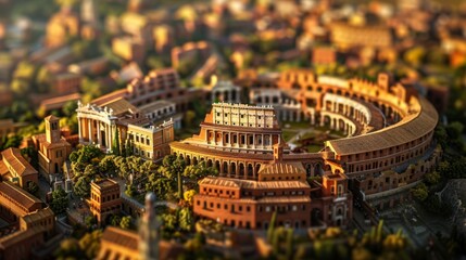 Tilt-shift photography of the Rome. Top view of the city in postcard style. Miniature houses, streets and buildings - obrazy, fototapety, plakaty