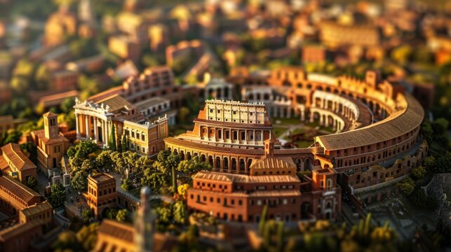 Tilt-shift photography of the Rome. Top view of the city in postcard style. Miniature houses, streets and buildings