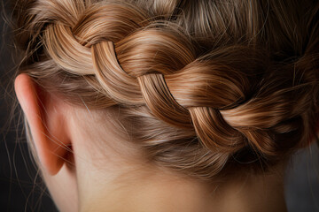 Back view of braided hairstyle of blond woman - obrazy, fototapety, plakaty
