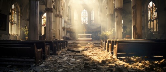 Sunlight streams through the windows of the deserted church building, casting shadows on the dusty...