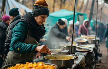 Street canteen for the homeless, cooking, food for the homeless. Donations, charity. Bokeh in the background.