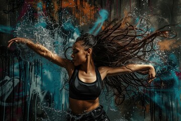 A woman with long hair is dancing in the rain. The image has a lively and energetic mood, as the woman is fully immersed in the moment and enjoying the experience. The rain adds a sense of freedom
