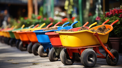 Fototapeta na wymiar Gardening colorful wheelbarrows at the outdoor shop 