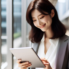 A business woman smile on her ipad background
