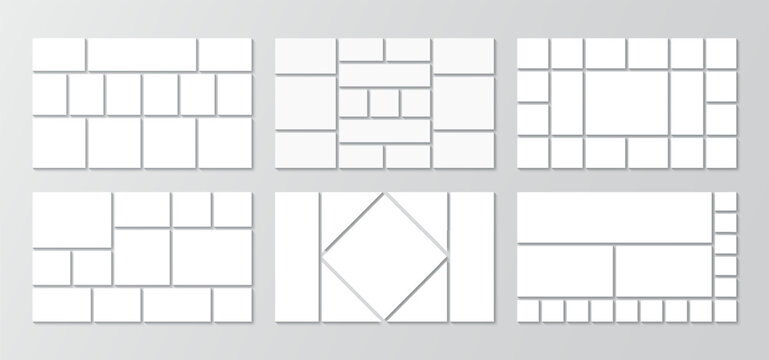 Set of mosaic pictures geometric frames. Collage layout collection template. Photo moodboard set. Mood board grid. Album brandboard. Gallery banner. Organised portfolio. Vector illustration