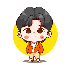 Cute boy wearing jacket cartoon character. Korean style fashion. People expression concept design. Chibi vector illustration. Isolated white background