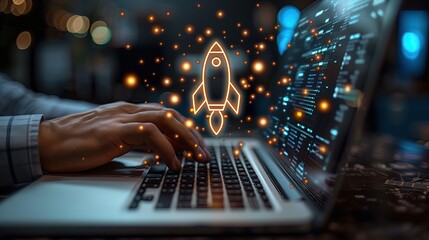 Startup business idea. Businessman uses a laptop with Rocket icon rising to start a business quickly. Planning for business success - obrazy, fototapety, plakaty