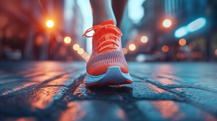 Close up of dynamic running shoes on the move, capturing the essence of speed and agility on an urban street.