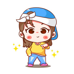 Cute girl dancing cartoon character. Korean style fashion. People expression concept design. Chibi vector illustration. Isolated white background